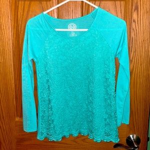 SO long sleeve turquoise ruffle floral shirt